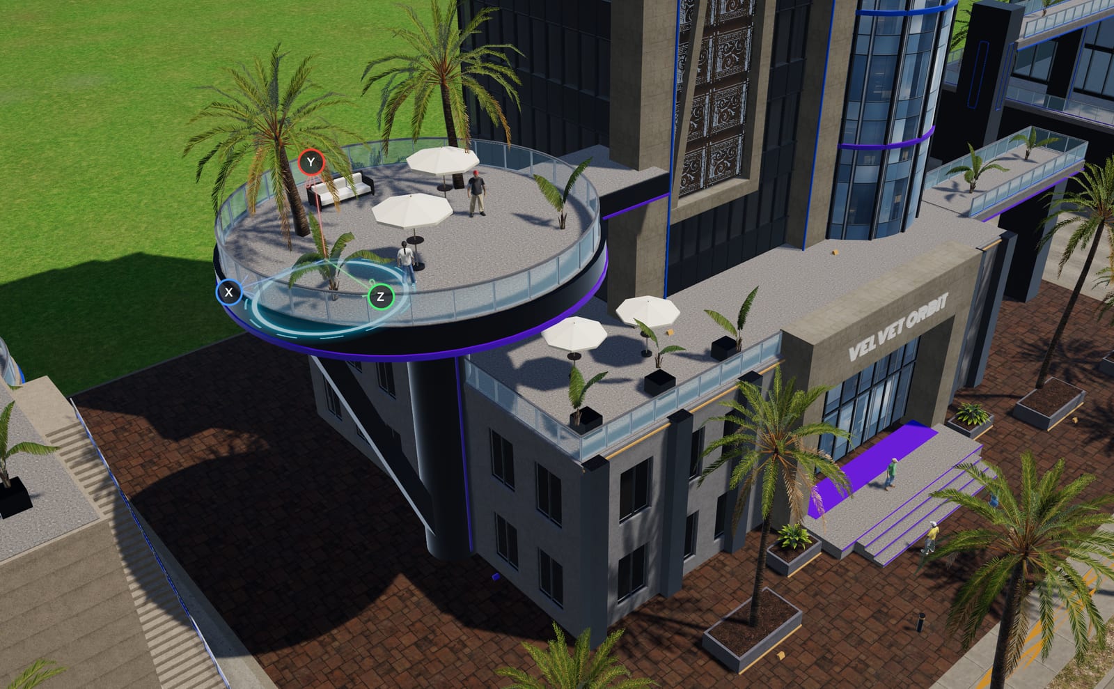 A round rooftop terrace being moved into place on a building, with move handles showing