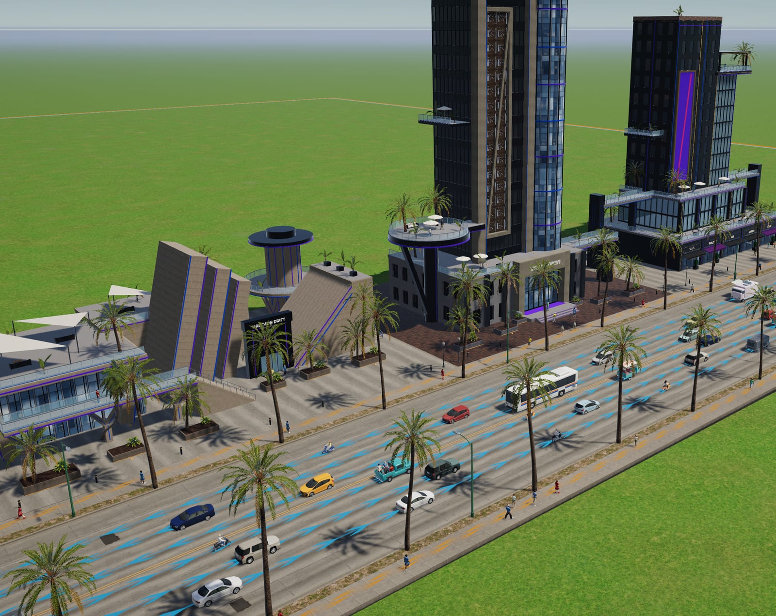 A palm-lined avenue with glass towers, shops and rooftop terraces