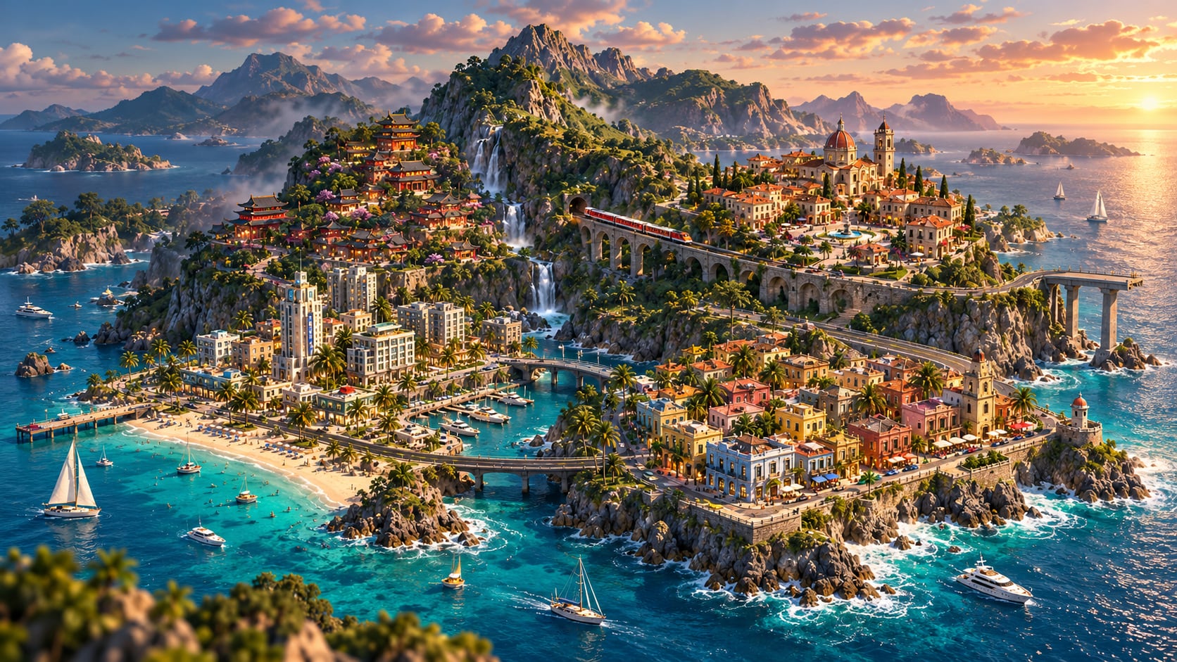 A coastal city on a mountainous island at sunset: pagodas on the hillside, an aqueduct with a train, a marina, colourful harbour houses and a beach