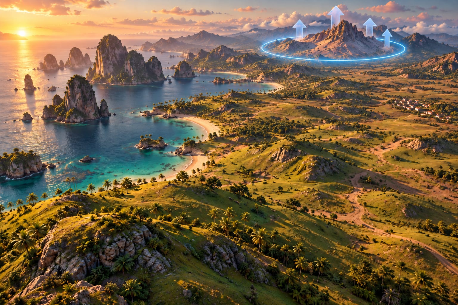 Sea cliffs, beaches and rolling green hills, with a terrain brush raising a mountain