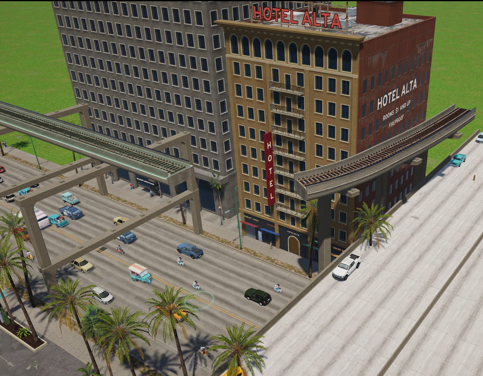 Elevated monorail tracks curving past a brick hotel above a busy avenue