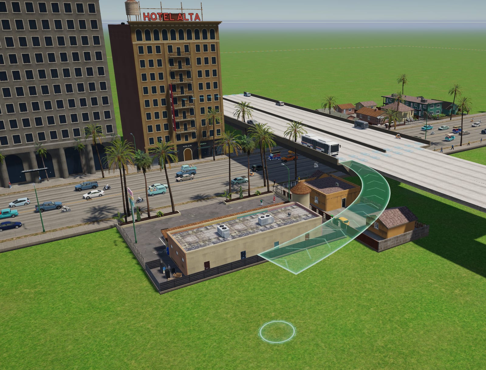 An elevated freeway with an on-ramp being placed, beside a city avenue and a hotel